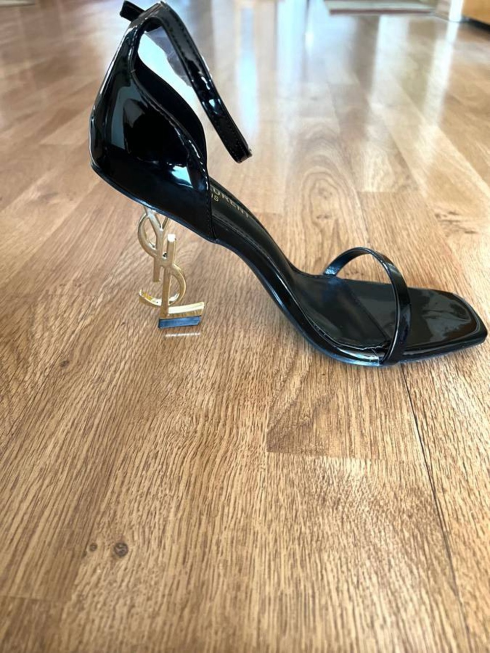 Yves Saint Laurent Black Patent Logo-Heel Sandals with Gold YSL Heel